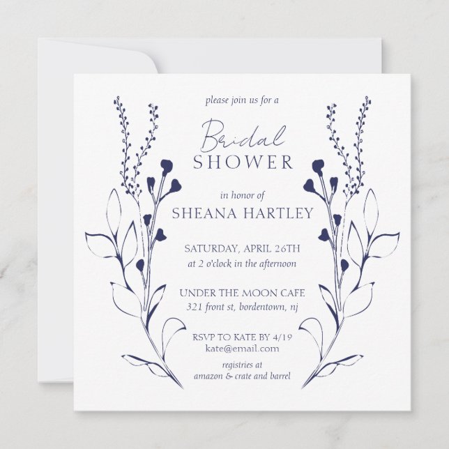 Vins et fleurs bleu foncé Invitation douche nuptia (Devant)