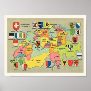 Vintag 12x16 Schweiz Karte Drucken Poster