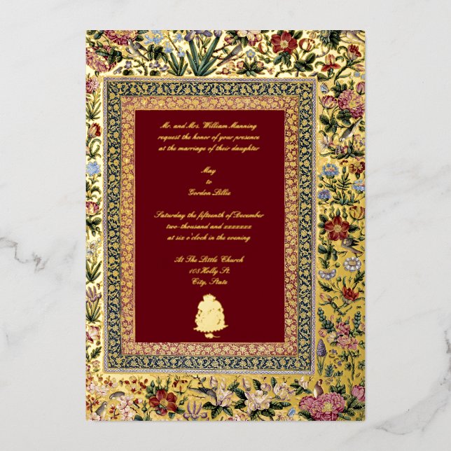 Vintag 1618 Elegante indische Vögel & Blumenhochze Folieneinladung (Vorderseite)