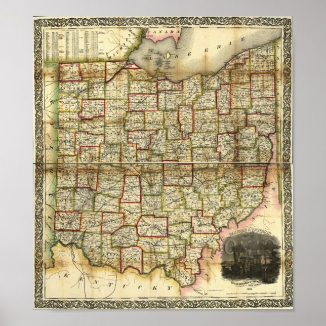 Vintag 1851 Ohio Karte Poster (Vorne)