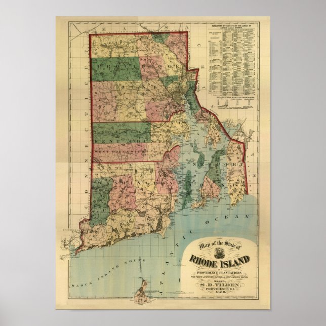 Vintag 1880 Rhode Island Karte Poster (Vorne)