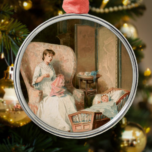 Vintag 1888 Mutter und Kind, Weihnachten wiederher Ornament Aus Metall