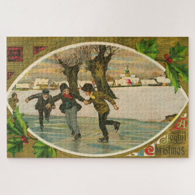 Vintag 1909 Boys Ice Skaten Gold Weihnachten (Horizontal)