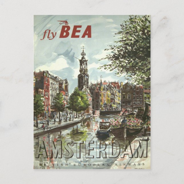 Vintag 1956 Fly BEA Amsterdam UK Travel Postkarte (Vorderseite)