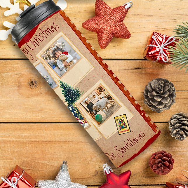 Vintag 8 Foto Template Red Beige Weihnachten Thermosbecher (Von Creator hochgeladen)