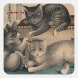 Vintag Adorable Kittens Lithograph Quadratischer Aufkleber