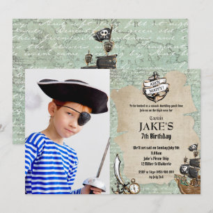 Vintag Ahoy Matey Pirate Birthday Party Boy Foto Einladung