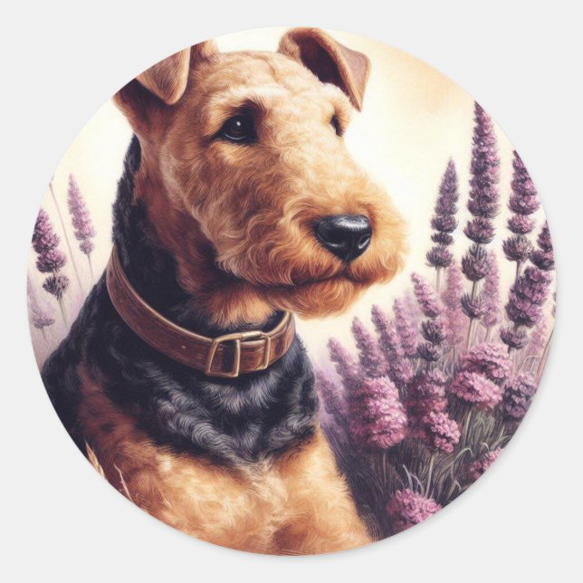 Vintag Airedale Terrier Painting Runder Aufkleber (Vorderseite)