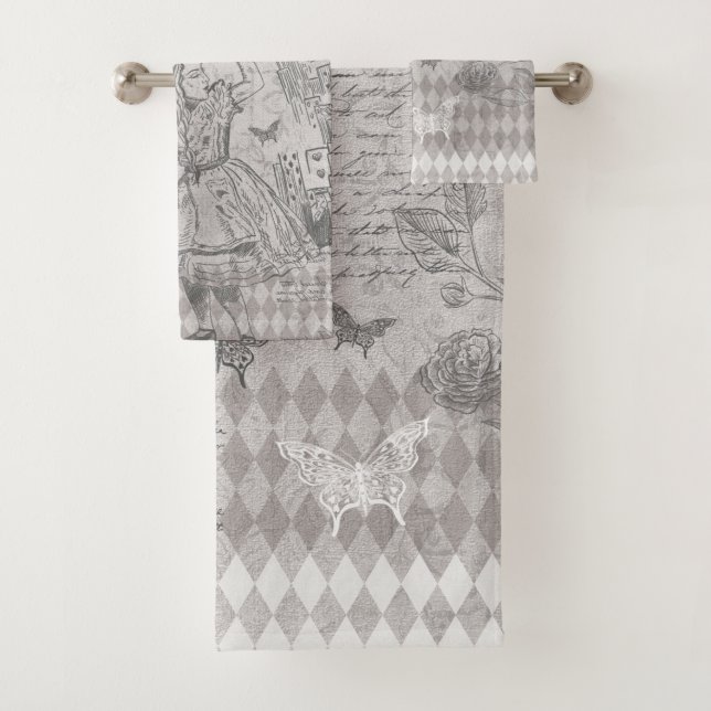Vintag Alice Wonderland Decoupage Gray Badhandtuch Set (Insitu)