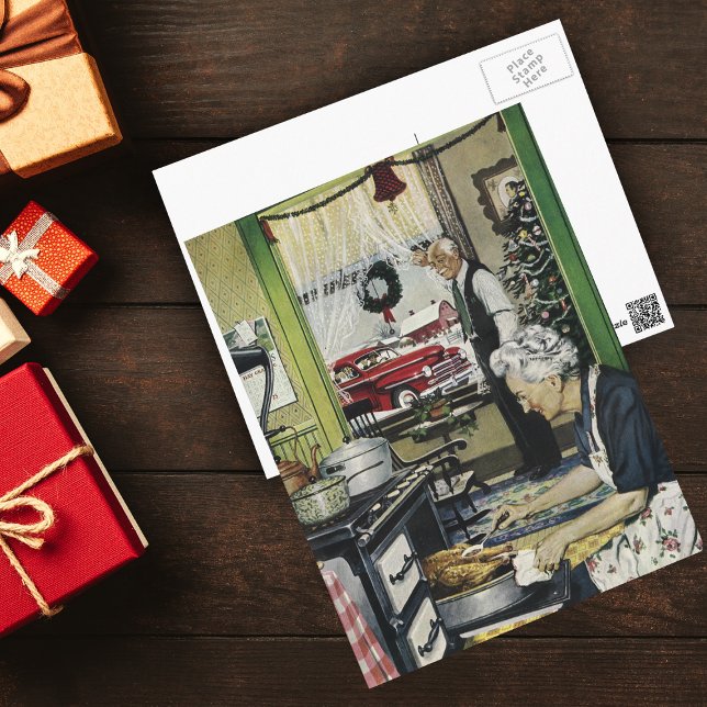 Vintag altmodische Zuhause Kitchen Weihnachten Pos (Vintage holiday scene Grandma's kitchen holiday dinner on a Christmas postcard.)