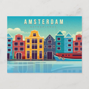 Vintag Amsterdam Niederlande Wasserfront & Boat Postkarte