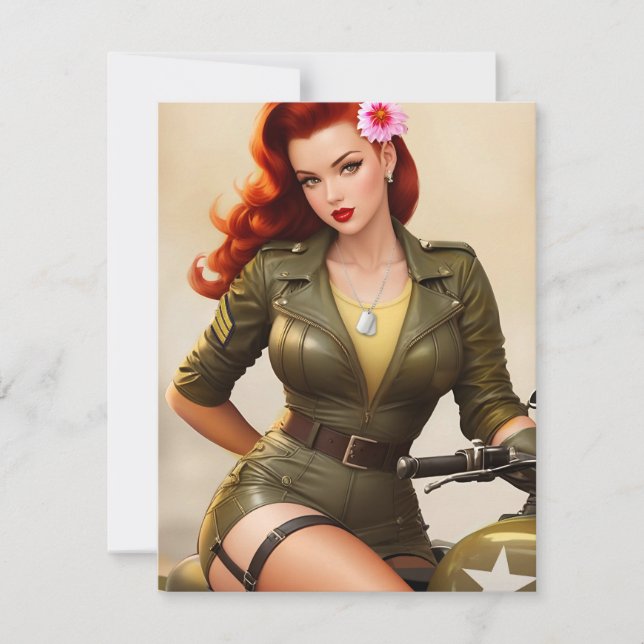 Vintag Army Motorrad Pinup Dankeschön Karte (Vorderseite)