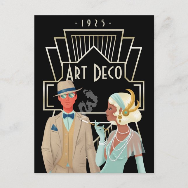 Vintag Art Deco 200 Era Glam Couple Postkarte (Vorderseite)
