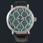 Vintag Art Deco Blume Fan Mosaik Armbanduhr<br><div class="desc">Ein Vintager,  kunstvoller Deko inspirierte ein fächerförmiges Muster mit farbenfrohen Blume auf schwarz mit einem minzgrünen,  leicht geometrischen Hintergrund. Inspiriert von den rauschenden Zwanziger / Gatsby. Ein klassisches,  hübsches,  modernes Blumendesign für jeden,  der die 20er Jahre liebt. Die Uhrennummern sind blau-grün mit einer weißen Kontur.</div>