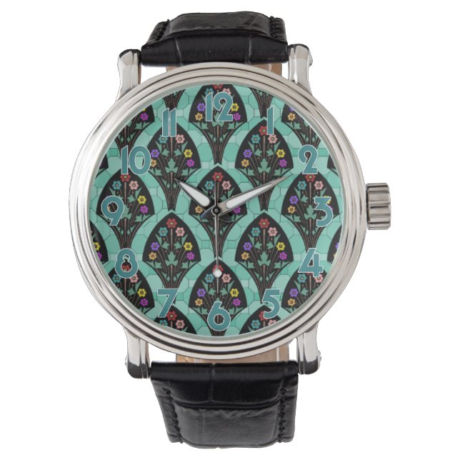Vintag Art Deco Blume Fan Mosaik Armbanduhr (Vorderseite)