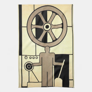 Vintag Art Deco Business Wheel und Machine Worker Geschirrtuch