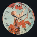 Vintag Art Deco, Flighty Bird von George Barbier Große Wanduhr<br><div class="desc">Vintage Illustration Deko Bild mit einer schönen Modefrau,  die ein Blumenkleid mit ihrem Hausvogel mit langen Schwanz Federn in einem Baum trägt. Ein leerer Käfig,  aus dem der Vogel entkommen ist,  liegt neben der glamourösen Dame auf dem Boden. Flighty Bird (L'Oiseau Volage) von George Barbier,  1914.</div>