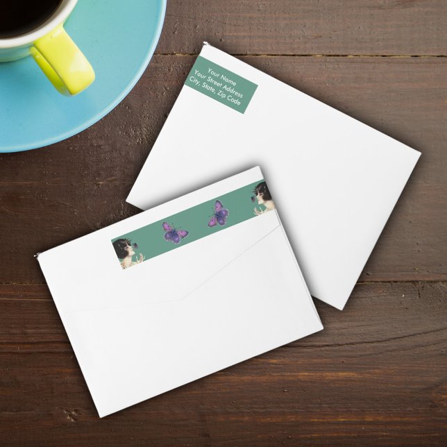 Vintag Art Deco Lady Butterfly Hübsche Blume (Wrap around return address labels Art Deco lady purple butterflies on green.)