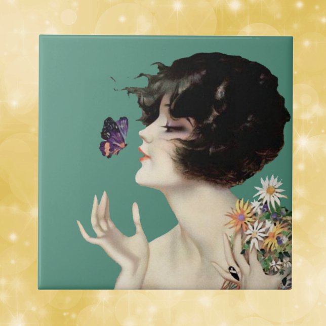 Vintag Art Deco Lady Butterfly Hübsche Blume Fliese (1920's lady holding bouquet of daisies with purple butterfly on mint green decorative ceramic tile.)