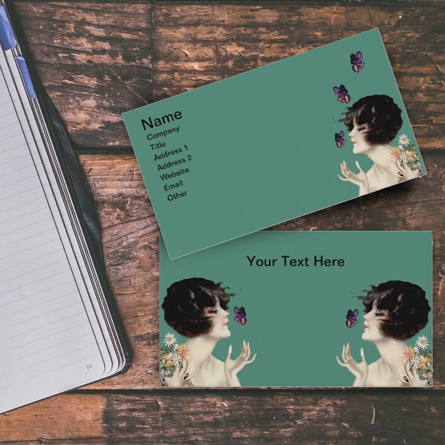 Vintag Art Deco Lady Butterfly Hübsche Blume Visitenkarte (1920s Art Deco lady with bouquet daisy flowers purple butterfly in mint green business cards.)