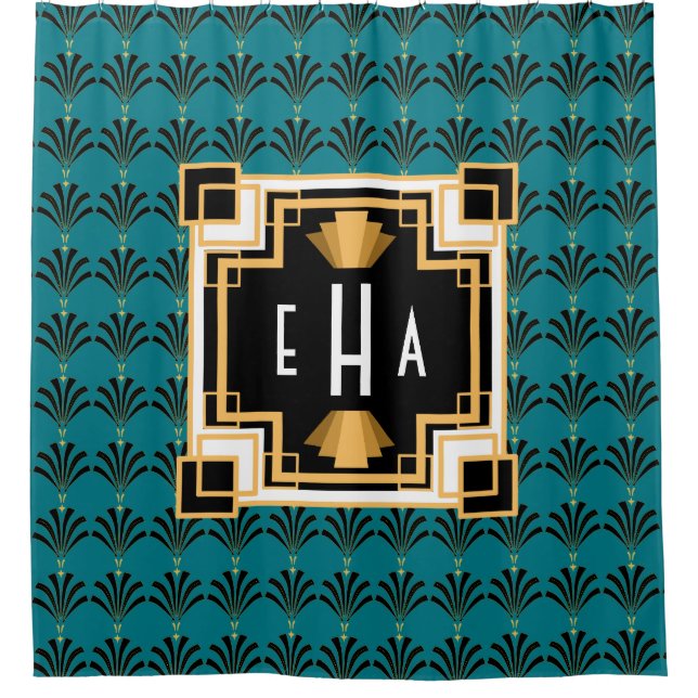 Vintag Art Deco Palmetto Muster Monogram Duschvorhang (Vorderseite)