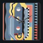 Vintag Art Deco Pochoir Jazz Geometrische Muster Quadratische Wanduhr<br><div class="desc">Vintage Illustrationskunst Deko pochoir-Muster von Georges Valmier aus der französischen Musterbuchreihe Collection Decors et Couleurs, 1930. Pochoir ist eine Schablonentechnik, die in surrealistischen Malereien üblich ist. Ein modernes Kubismus-Design mit einer Vielzahl geometrischer Formen und Farben. Dieses Muster enthält ein Schreibinstrument, das einem Stift oder einem Stift mit drei Kreisen ähnelt....</div>