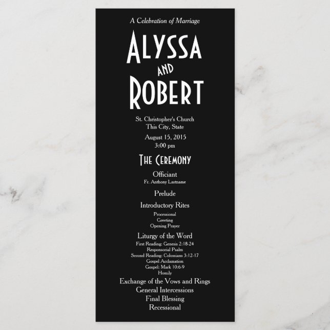 Vintag Art Deco Text Hochzeitsprogramm Programm (Vorderseite)