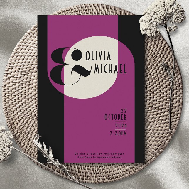 Vintag Art Deco Wedding Black Magenta Einladung (Von Creator hochgeladen)