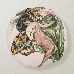 Vintag Art Nouveau Butterfly Fairy Rundes Kissen