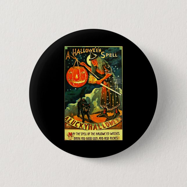 Vintag Art Retro Halloween Hexe Button (Vorderseite)