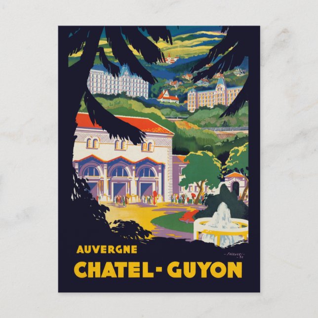 Vintag Auvergne Chatel-Guyon Frankreich Reiseplaka Postkarte (Vorderseite)