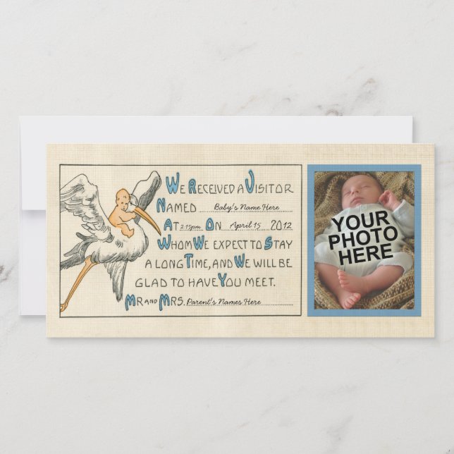 Vintag Baby Boy & Stork Geburtserklärung - Blue Ankündigung (Vorderseite)