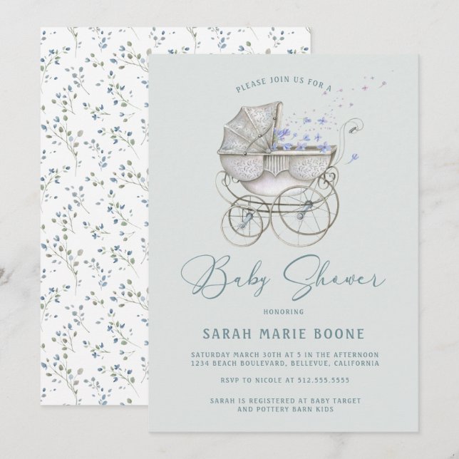 Vintag Baby Carriage Boy Babydusche Einladung (Vorne/Hinten)