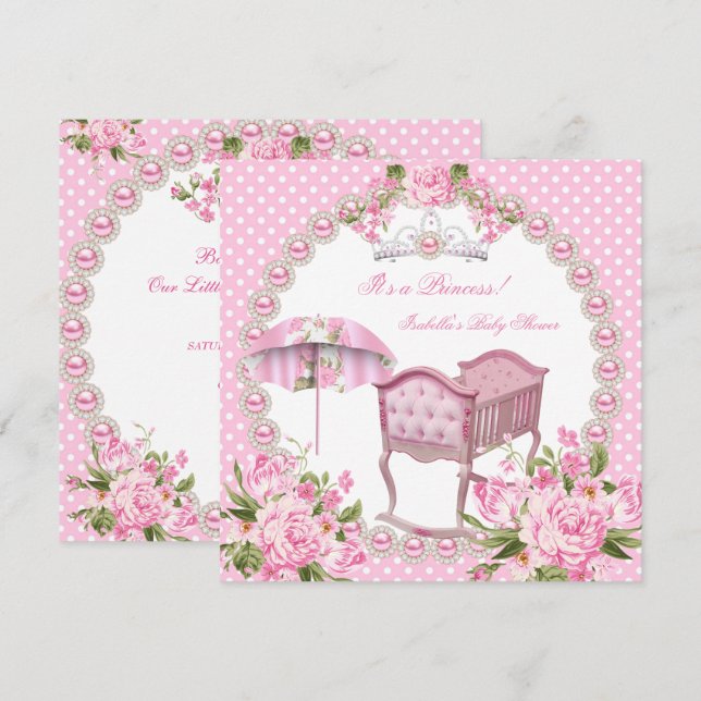 Vintag Baby Duschmädchen Rosa Schirmpfanne Einladung (Vorne/Hinten)