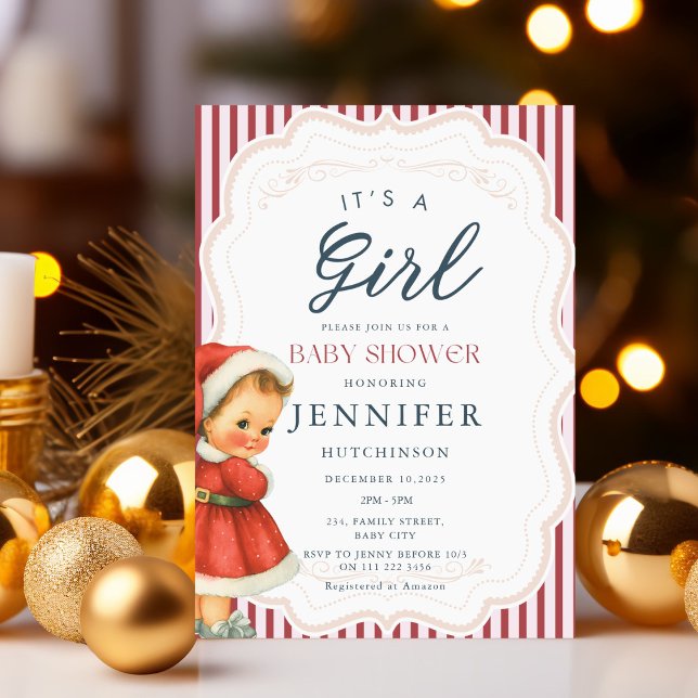 Vintag Baby Girl Christmas Baby Dusche Einladung (Vintage Baby Girl Christmas Baby Shower Invitation)