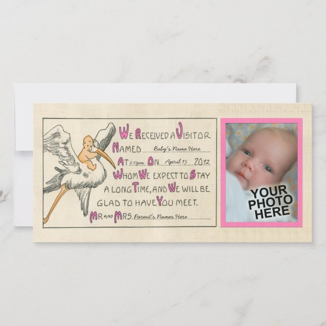 Vintag Baby Girl & Stork Geburtshinweis Pink Ankündigung (Vorderseite)