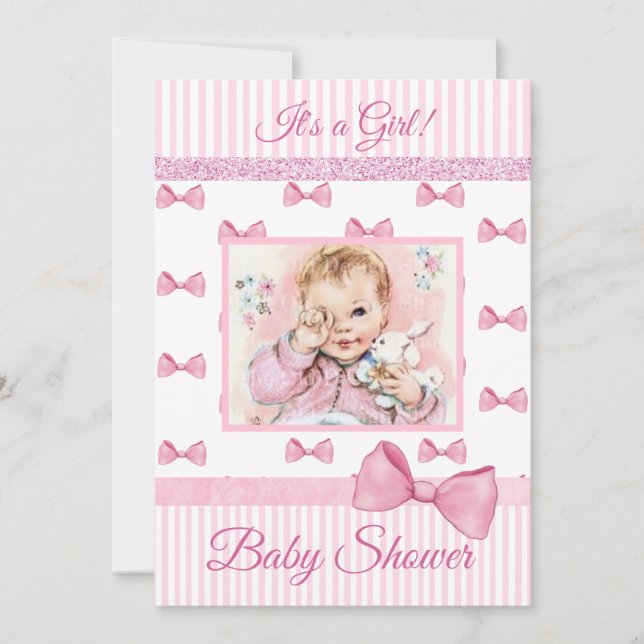 Vintag Baby Pink Bows Kinderdusche Einladung (Vorderseite)