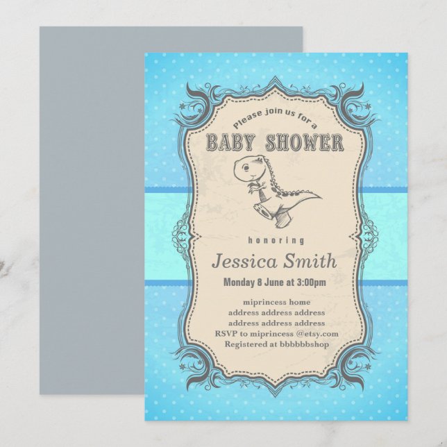 Vintag BABY SHOWER Einladung - Dinosaurier (Vorne/Hinten)