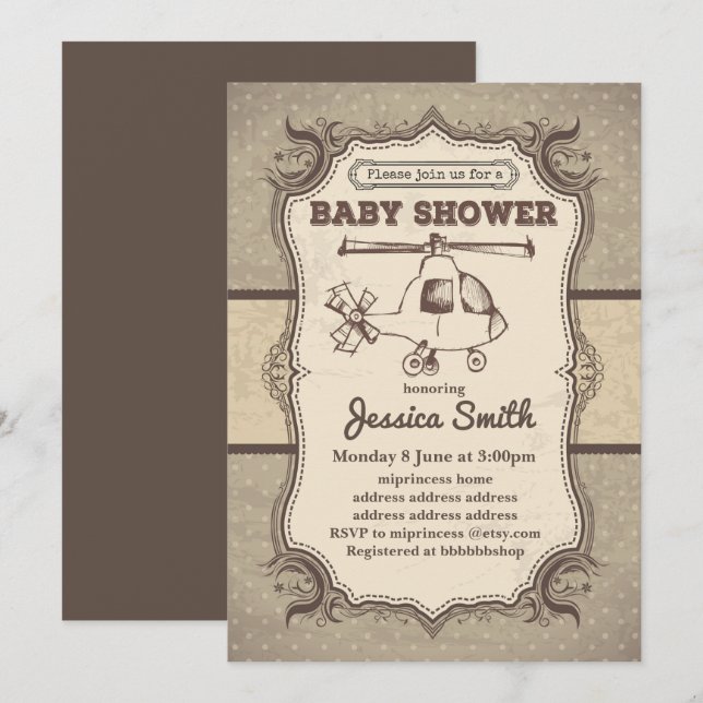 Vintag BABY SHOWER Einladung - Hubschrauber (Vorne/Hinten)