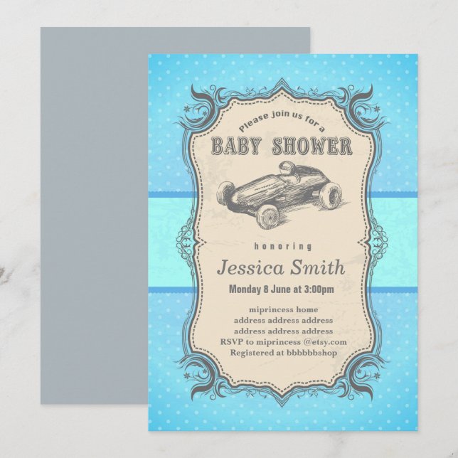 Vintag BABY SHOWER Einladung - Rennwagen (Vorne/Hinten)