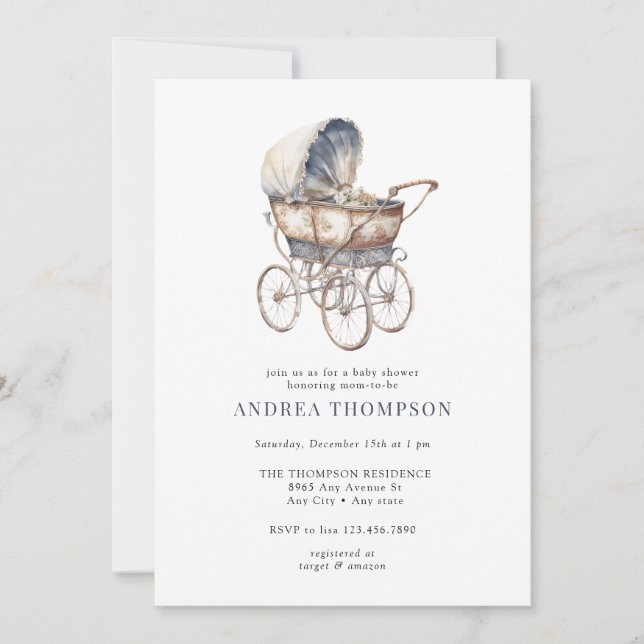 Vintag Baby Stroller | Classic Baby Shower Invita Einladung (Vorderseite)
