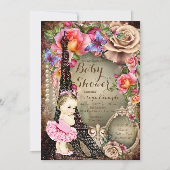 Vintag Ballerina Eiffel Tower Paris Babydusche Einladung (Vorderseite)