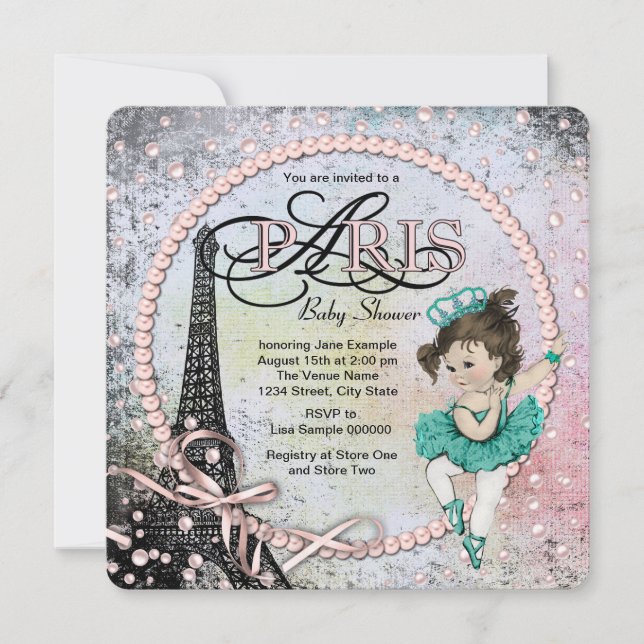 Vintag Ballerina Paris Babydusche Einladung (Vorderseite)
