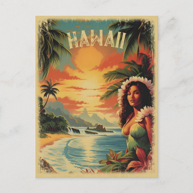 Vintag Beach Hawaii Girl Travel Postkarte (Vorderseite)