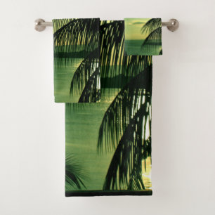 Vintag Beach Sunset Green Blue Sky Black Palms Badhandtuch Set