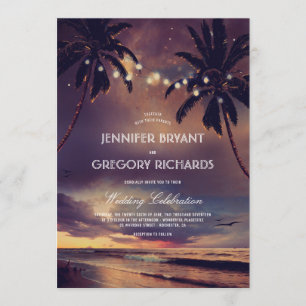 Vintag Beach Sunset   String Lights Palms Wedding Einladung