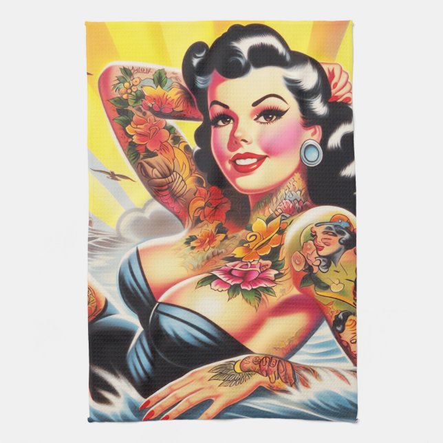 Vintag Beach Tattoo Pinup Geschirrtuch (Vertikal)