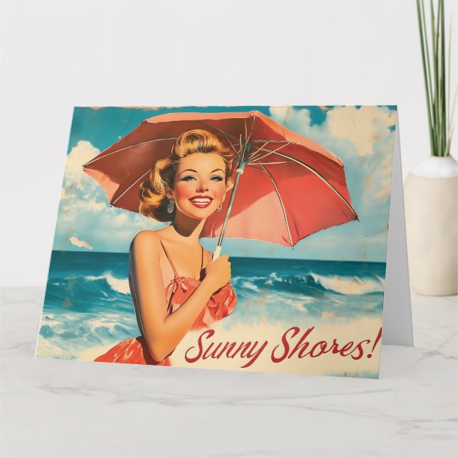 Vintag Beach Vacation Poster: Blonde Button-Up Karte (Vorderseite)