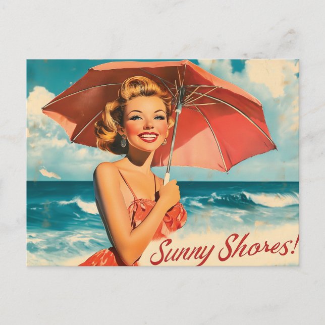 Vintag Beach Vacation Poster: Blonde Button-Up Postkarte (Vorderseite)