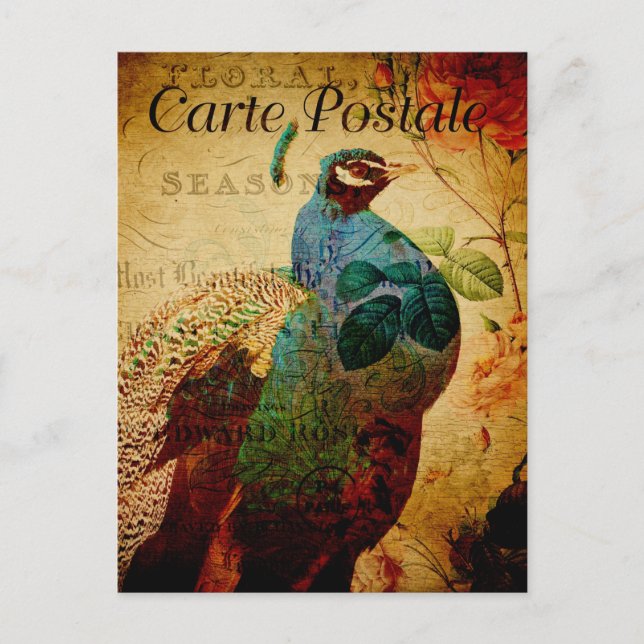 Vintag Beautiful Blue Peacock Floral Französisch Postkarte (Vorderseite)